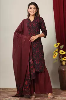 Women's Cotton Floral Print Straight Kurta Sharara Dupatta Set