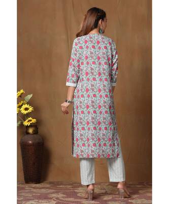 Womens Cotton Floral Print Straight Kurta Palazzo Set 2