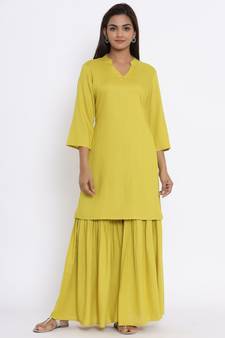 Womens Rayon Solid Straight Kurta Sharara Set