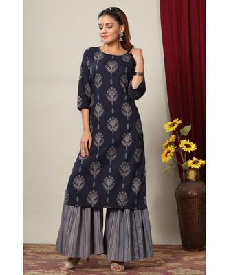 Womens Cotton Floral Print Straight Kurta Sharara Set 1
