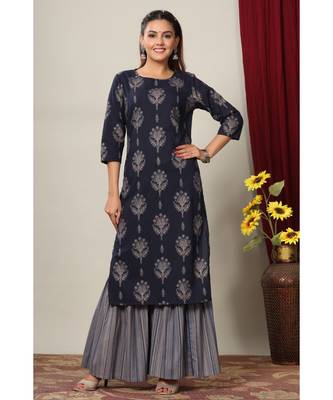 Womens Cotton Floral Print Straight Kurta Sharara Set 2