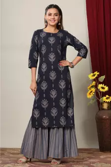 Womens Cotton Floral Print Straight Kurta Sharara Set