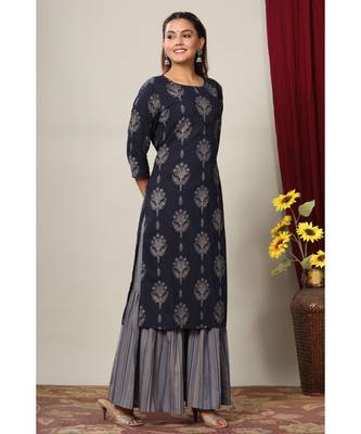 Womens Cotton Floral Print Straight Kurta Sharara Set 3