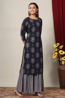 Womens Cotton Floral Print Straight Kurta Sharara Set
