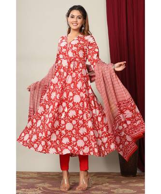 Womens Cotton Floral Print Anarkali Kurta with Dupatta 1