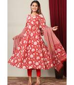 Womens Cotton Floral Print Anarkali Kurta with Dupatta