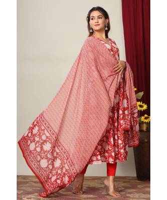 Womens Cotton Floral Print Anarkali Kurta with Dupatta 2