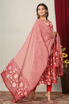 Womens Cotton Floral Print Anarkali Kurta with Dupatta