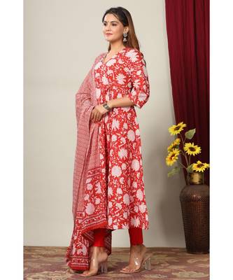 Womens Cotton Floral Print Anarkali Kurta with Dupatta 3