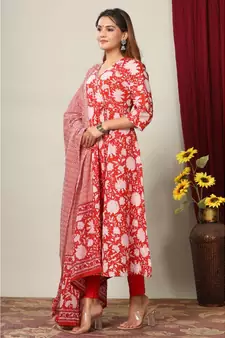 Womens Cotton Floral Print Anarkali Kurta with Dupatta