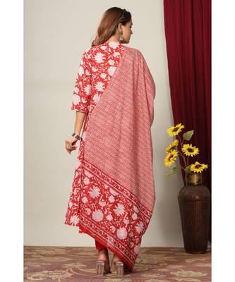 Womens Cotton Floral Print Anarkali Kurta with Dupatta 4