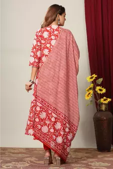 Womens Cotton Floral Print Anarkali Kurta with Dupatta