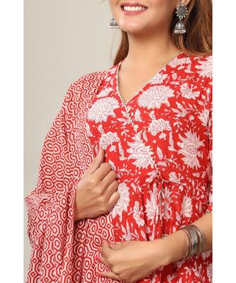 Womens Cotton Floral Print Anarkali Kurta with Dupatta 5