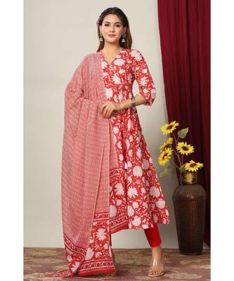 Womens Cotton Floral Print Anarkali Kurta with Dupatta 6