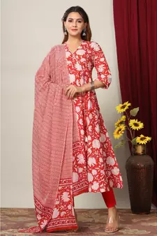 Womens Cotton Floral Print Anarkali Kurta with Dupatta