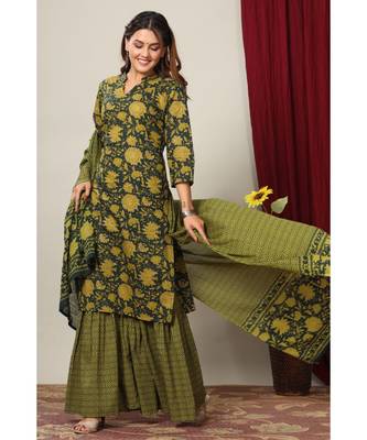 Womens Cotton Floral Print Straight Kurta Sharara Dupatta Set 1