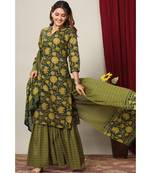 Womens Cotton Floral Print Straight Kurta Sharara Dupatta Set
