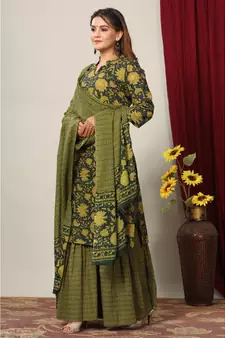 Womens Cotton Floral Print Straight Kurta Sharara Dupatta Set