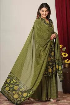 Womens Cotton Floral Print Straight Kurta Sharara Dupatta Set