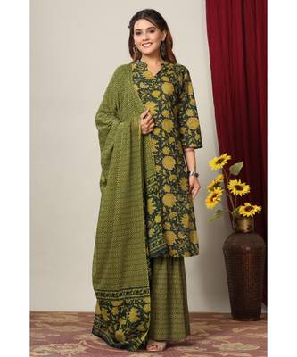 Womens Cotton Floral Print Straight Kurta Sharara Dupatta Set 5
