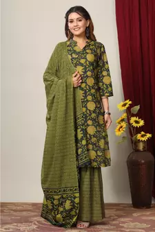 Womens Cotton Floral Print Straight Kurta Sharara Dupatta Set