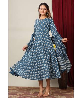 Womens Cotton Floral Print Anarkali Kurta with Dupatta 1