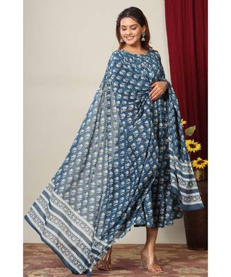 Womens Cotton Floral Print Anarkali Kurta with Dupatta 2