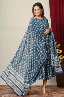 Womens Cotton Floral Print Anarkali Kurta with Dupatta