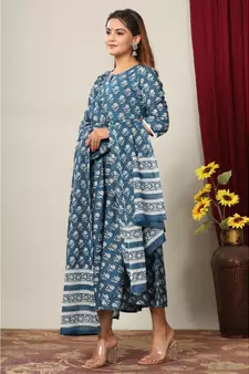 Womens Cotton Floral Print Anarkali Kurta with Dupatta