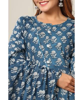 Womens Cotton Floral Print Anarkali Kurta with Dupatta 5