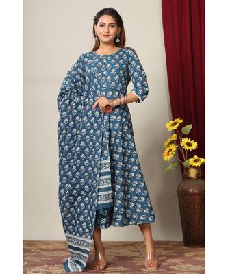 Womens Cotton Floral Print Anarkali Kurta with Dupatta 6