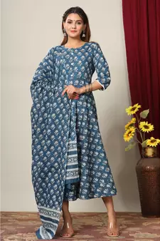 Womens Cotton Floral Print Anarkali Kurta with Dupatta