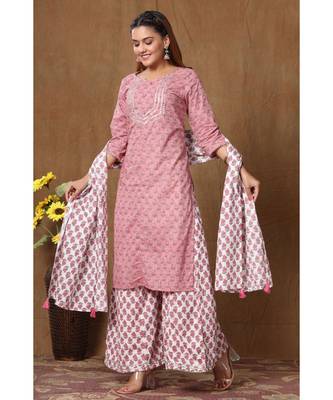 Women's Cotton Kurta With Palazzo & Dupatta Set 1
