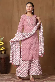 Women's Cotton Kurta With Palazzo & Dupatta Set