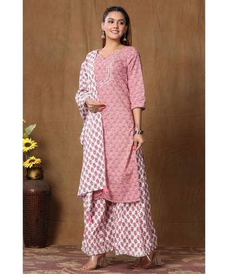 Women's Cotton Kurta With Palazzo & Dupatta Set 3
