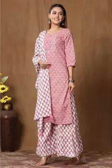 Women's Cotton Kurta With Palazzo & Dupatta Set