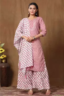Women's Cotton Kurta With Palazzo & Dupatta Set
