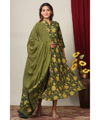  Cotton Floral Printed Anarkali Kurta with Gold Print Dupatta for Womens Girls 1