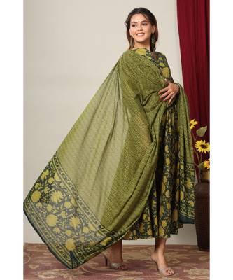 Cotton Floral Printed Anarkali Kurta with Gold Print Dupatta for Womens Girls 2