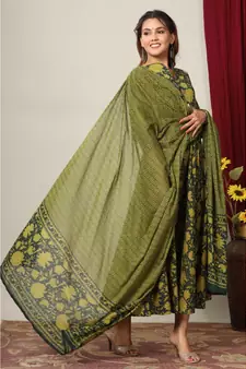  Cotton Floral Printed Anarkali Kurta with Gold Print Dupatta for Womens Girls