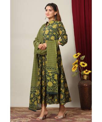  Cotton Floral Printed Anarkali Kurta with Gold Print Dupatta for Womens Girls 3
