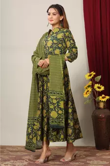  Cotton Floral Printed Anarkali Kurta with Gold Print Dupatta for Womens Girls