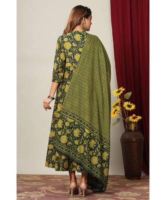  Cotton Floral Printed Anarkali Kurta with Gold Print Dupatta for Womens Girls 4