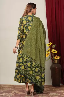  Cotton Floral Printed Anarkali Kurta with Gold Print Dupatta for Womens Girls