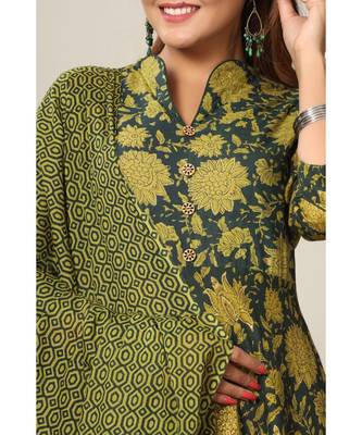  Cotton Floral Printed Anarkali Kurta with Gold Print Dupatta for Womens Girls 5