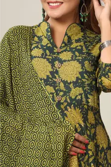  Cotton Floral Printed Anarkali Kurta with Gold Print Dupatta for Womens Girls