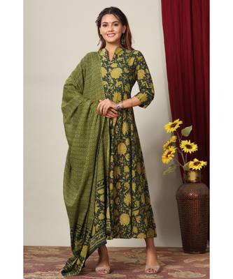  Cotton Floral Printed Anarkali Kurta with Gold Print Dupatta for Womens Girls 6