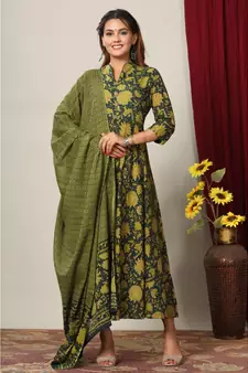  Cotton Floral Printed Anarkali Kurta with Gold Print Dupatta for Womens Girls