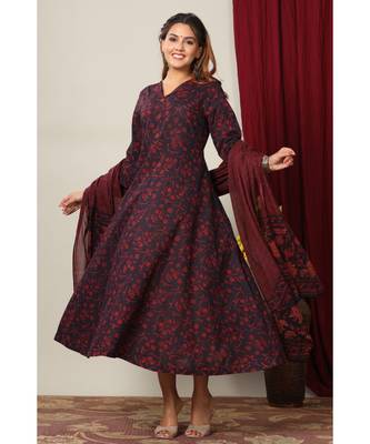  Cotton Floral Printed Anarkali Kurta with Gold Print Dupatta for Womens Girls 1