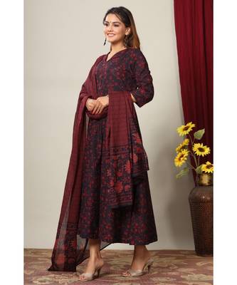  Cotton Floral Printed Anarkali Kurta with Gold Print Dupatta for Womens Girls 2